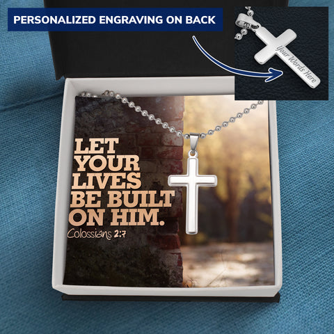 Personalized Cross Necklace w/ Scripture Card (Colossians 2:7) - Christian Unisex Necklace - Engraved Cross Necklace - Gift for Christians