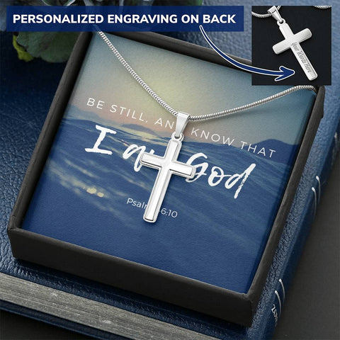Personalized Cross Necklace w/ Scripture Card (Psalm 46:10) - Christian Unisex Necklace - Engraved Cross Necklace - Gift for Christians