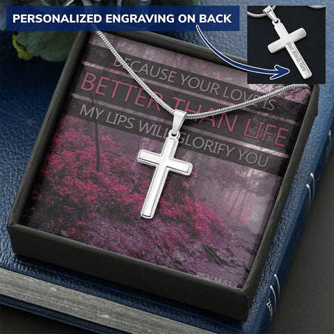 Personalized Engraved Cross Necklace w/ Scripture Card (Psalm 63:3) - Christian Unisex Necklace - Gift for Christians