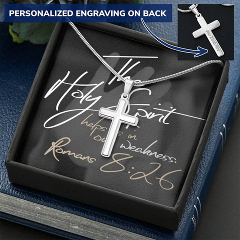 Personalized Engraved Cross Necklace w/ Scripture Card (Romans 8:26) - Christian Unisex Necklace - Gift for Christians