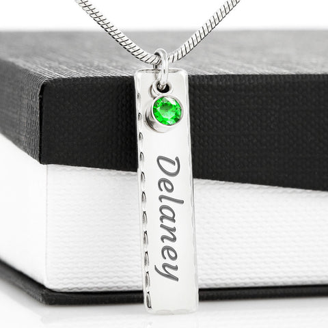 Birthstone Necklace, Personalized Stainless Nameplate Necklace, Engrave Nameplate and Birthstone Necklace