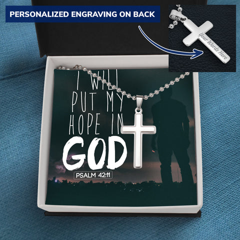 Personalized Cross Necklace w/ Scripture Card (Psalm 42:11) - Christian Unisex Necklace - Gift for Christians