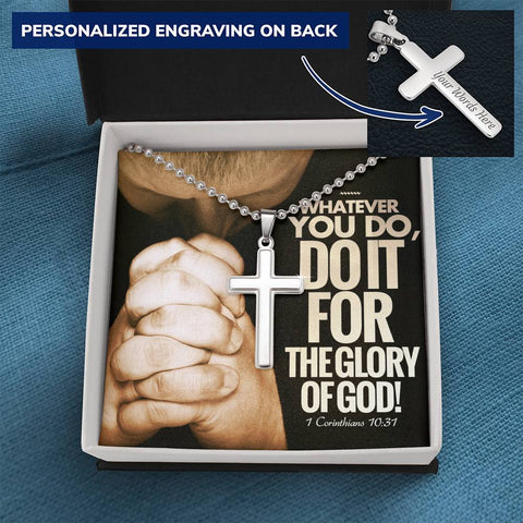 Personalized Cross Necklace w/ Scripture Card (1 Corinthians 10:31) - Christian Unisex Necklace - Gift for Christians