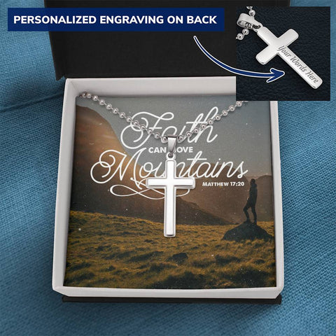 Personalized Cross Necklace w/ Scripture Card (Matthew 17:20) - Christian Unisex Necklace - Gift for Christians
