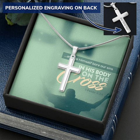 Personalized Engraved Cross Necklace w/ Scripture Card (1 Peter 2:24) - Christian Unisex Necklace - Gift for Christians