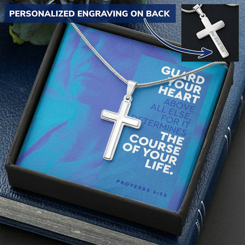 Personalized Cross Necklace w/ Scripture Card (Proverbs 4:23) - Christian Unisex Necklace - Engraved Cross Necklace - Gift for Christians