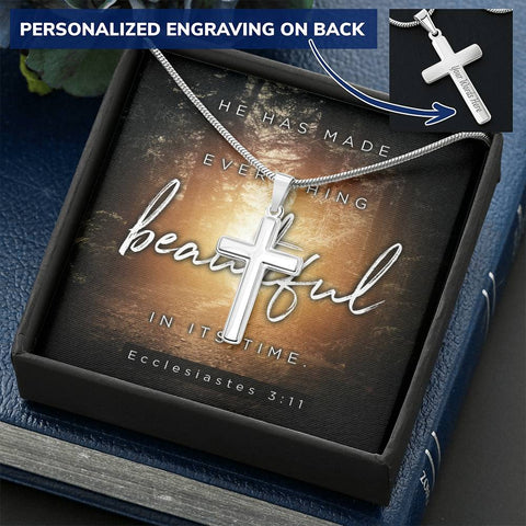 Personalized Engraved Cross Necklace w/ Scripture Card (Ecclesiastes 3:11) - Christian Unisex necklace - Gift for Christians
