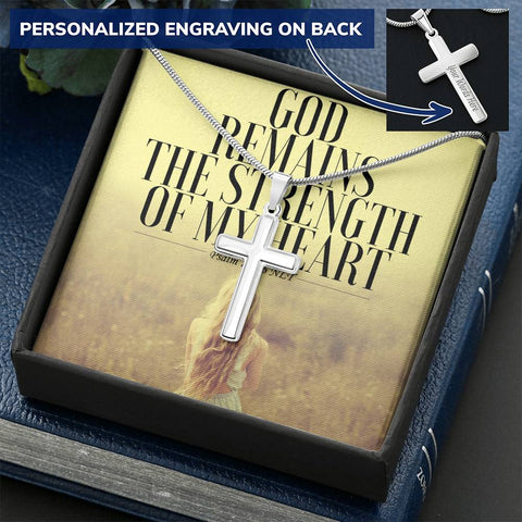 Personalized Cross Necklace w/ Scripture Card (Psalm 73:26 NLT)- Christian Unisex Necklace - Engraved Cross Necklace - Gift for Christians