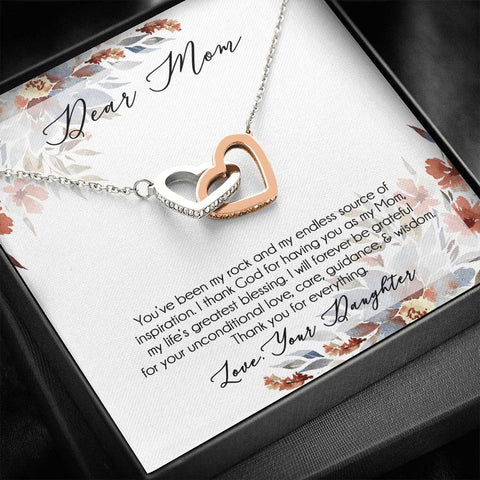 Daughter Mom Interlocking Heart Necklace, Message Card, & Luxury Box - Daughter Gift to Mom