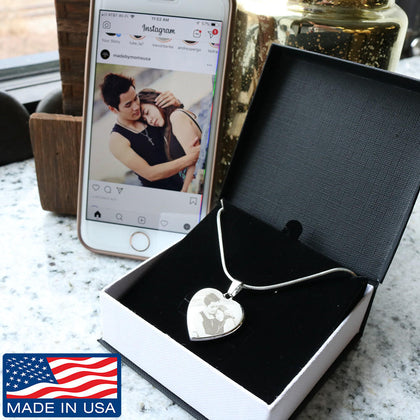 Personalized Photo Etched Heart Necklace - Upload Your Own Photo Gold and Stainless Heart Necklace