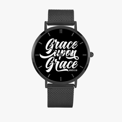 Scripture Unisex Wristwatches (Multi Sizes & Colors w/ Calendar) - Grace Upon Grace (John 1:16) Wristwatches - Christian Wristwatch - Gift for Christians