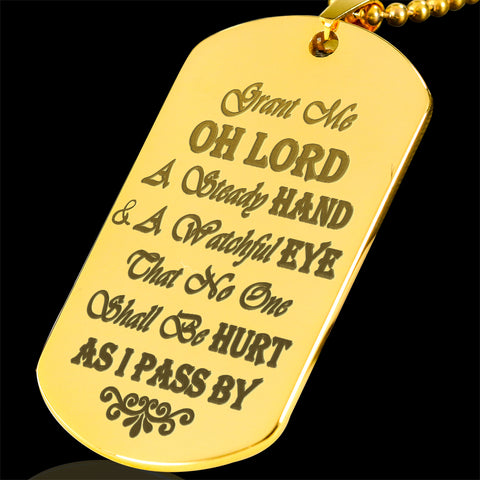 Drivers Prayer Engraved Gold Dog Tag / Military Necklace