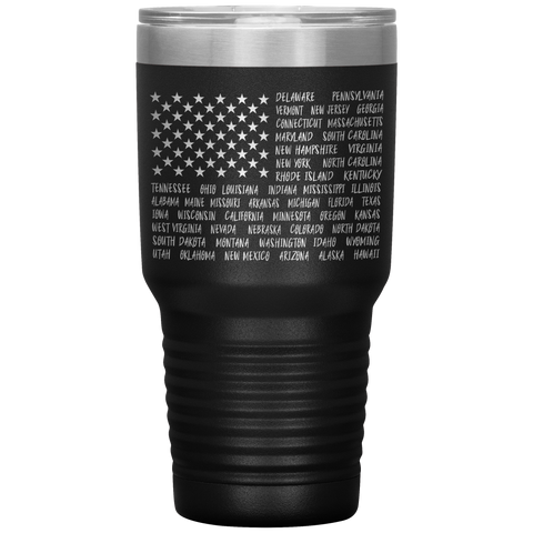 American Flag 30 Ounce Tumbler - US States Hand Scripted Travel Mug - American Patriot Vacuum Tumbler