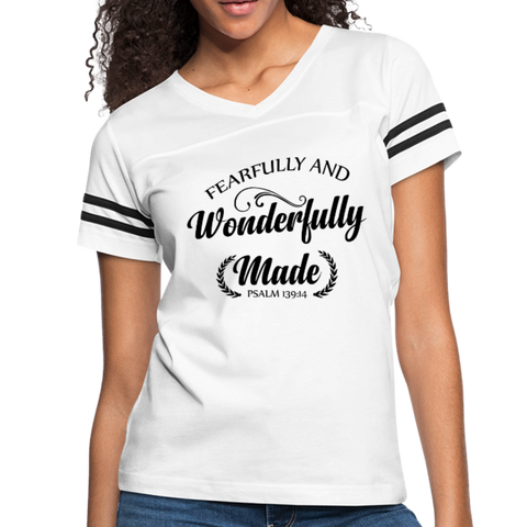 Christian Women’s Vintage Sport Tees (Psalm 139:14, Fearfully and Wonderfully Made) - white/black
