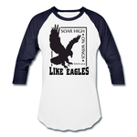 Christian Men's Baseball Shirt (Isaiah 40:31, Soar High On Wings Like Eagles) - white/navy