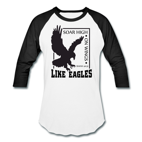 Christian Men's Baseball Shirt (Isaiah 40:31, Soar High On Wings Like Eagles) - white/black