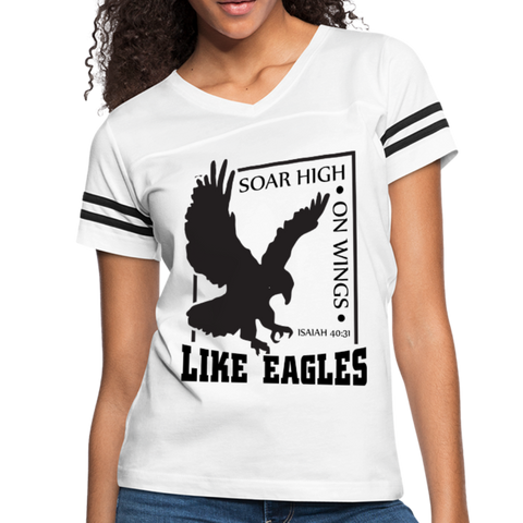 Christian Women’s Vintage Sport Tees (Isaiah 40:31, Soar High On Wings Like Eagles) - white/black
